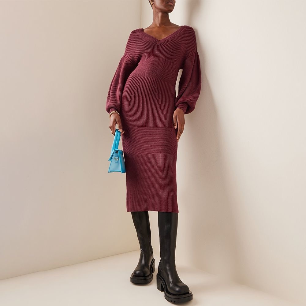 Staud Merlot Carnation Sweater Knit Midi Dress Large Burgundy Designer Fall